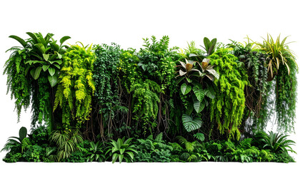 A lush, vertical garden wall comprised of various green plants and foliage