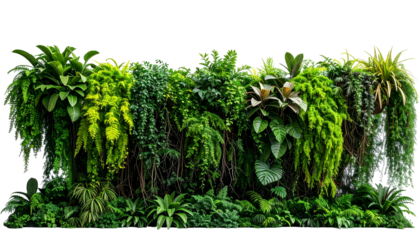 A lush, vertical garden wall comprised of various green plants and foliage