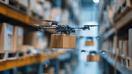 Modern drones autonomously deliver packages inside a large warehouse, revolutionizing logistics and supply chain efficiency. Advanced technology enables fast and precise parcel transportation - Powered by Adobe