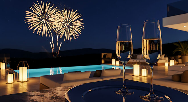 Two champagne glasses sit on a table as fireworks explode over a pool.