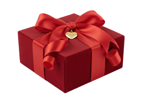 Red Gift Box With Golden Heart Charm Tied With A Red Ribbon In Studio Lighting On A Transparent Background