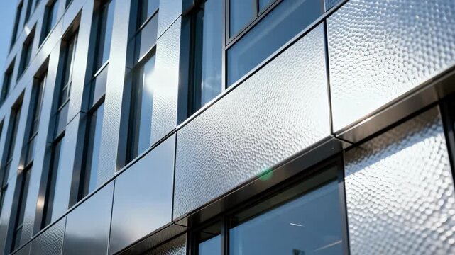 Medium frame highlighting textured aluminum architectural panels installed on a contemporary office building under bright daylight.