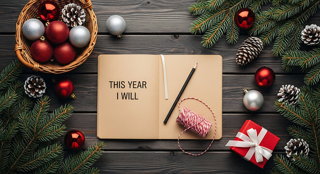 Open notebook with "This Year I Will" surrounded by Christmas decorations, a pencil, and a small gift.
