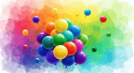 Soft artistic rendering of vibrant inflated orbs drifting upward in a spectrum palette evoking jubilation