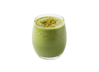 Refreshing Green Matcha Smoothie Topped with Crushed Pistachios and Sprinkles in a Clear Glass Isolated on a Black Background Perfect for Healthy Lifestyle Promotions