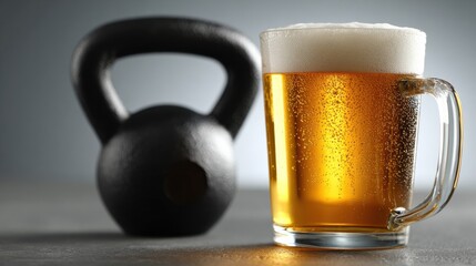 Cold Beer in Glass with Kettlebell in Background