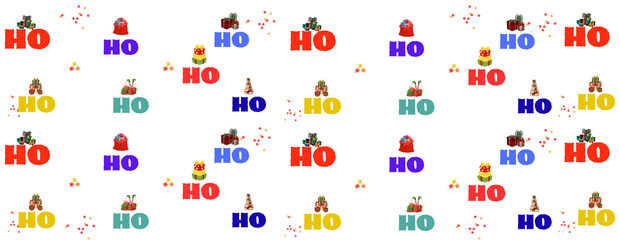 Christmas “Ho Ho Ho” Seamless Pattern with Gifts and Confetti – Transparent PNG