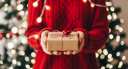 Woman in red sweater holds a wrapped Christmas gift in front of a decorated tree with lights.