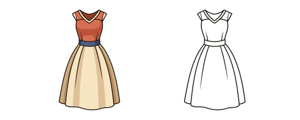 Vintage style midi dress with a fitted reddish-brown bodice and a cream pleated skirt, shown next to a black and white outline drawing