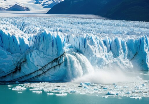 Colossal frozen mass splintering with segments calving into frigid turquoise depths highlighting thermal escalation