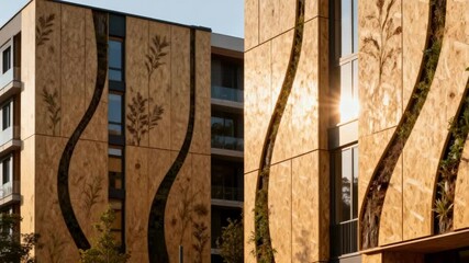 Medium shot capturing the seamless integration of biorenewable cladding materials in urban construction promoting energyefficient and natureinspired building solutions