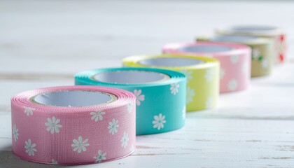 斜めに並んだ花柄のマスキングテープ（コピースペースあり・4Kリアリスティック・季節の）  
Diagonal Row of Floral Washi Tapes (Copy Space・4K Realistic・Seasonal)
