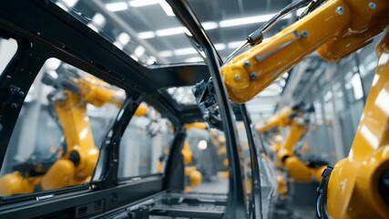 Advanced robotic arms assemble car frames in a modern automotive factory, showcasing cutting edge automation technology. Industrial robots work seamlessly to boost manufacturing efficiency