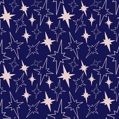 Seamless pattern of modern stars and sparkles on a deep blue background. Minimalist pattern for Hanukkah textiles, gift wrap, and winter holiday night sky designs.