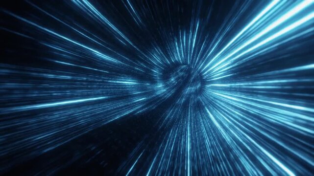Futuristic blue light speed tunnel representing fast data transmission and advanced technological pathways in an abstract digital realm