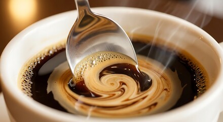 Whirl of flavors a spoon blends cream into dark aromatic coffee steam