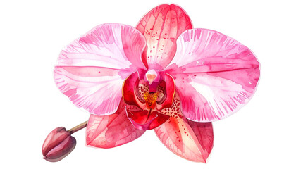 A watercolor painting of a pink and red orchid flower with a bud