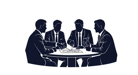 Four business-suited men silhouetted around a table, actively discussing documents and ideas
