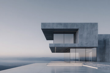 modern architecture, simple exterior design with straight lines, concrete, glass, under clear sky minimalist architecture
