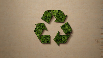 Green recycling symbol made of grass on a textured recycled paper background, representing environmental conservation and sustainability