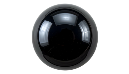 A glossy black sphere reflects surrounding light, showcasing a curved, mirrored surface