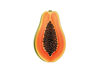 Ripe Papaya Halved Revealing Vibrant Orange Flesh and Numerous Dark Seeds with Green Rind and Natural Texture Isolated on Transparent Background High Detail Studio Lighting