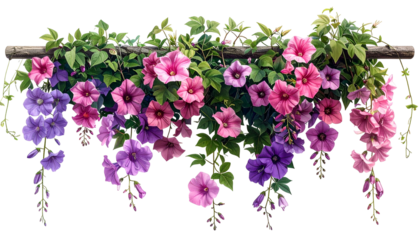 Lush cascading vines with pink, purple blooms, green leaves, atop a wooden beam