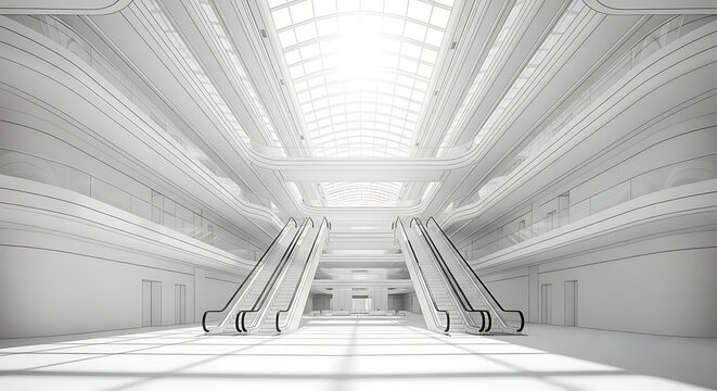 Bright, all-white interior view of a modern building with escalators leading up to a higher level, and a skylight above.