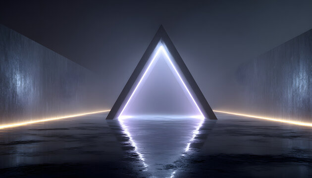 3d render. Geometric figure in neon light against a dark tunnel. Laser glow.