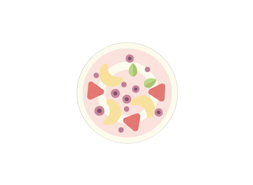 Round Bowl of Fruit Salad with Sliced Banana Berries and Mint Leaves on a Pink Rimmed Plate Clean Vector Illustration Isolated on Transparent Background Healthy Eating Concept