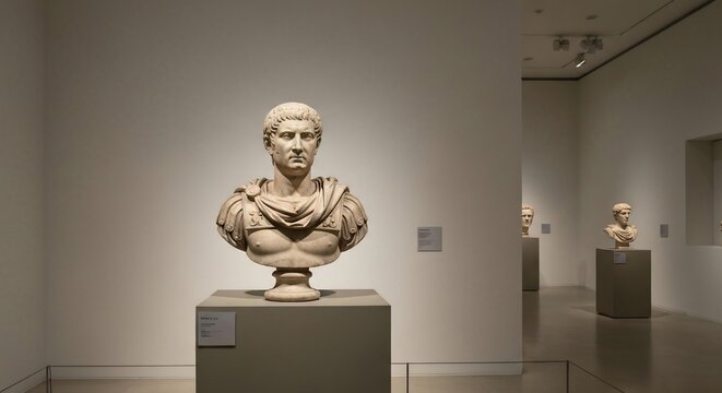 A marble bust of a Roman Emperor likely Caesar Augustus stands in a gallery with other busts