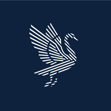 Stylized white swan logo with spread wings on a dark blue background, created using parallel lines for a modern, abstract design.