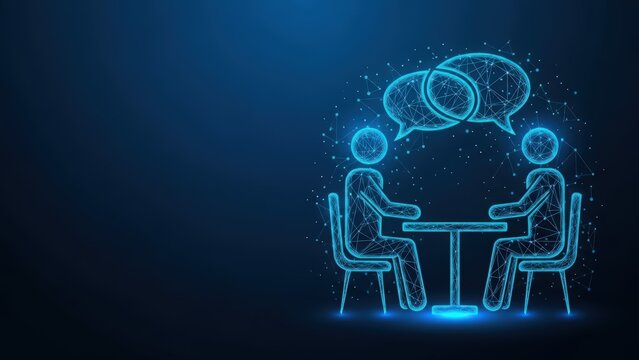 Two people in discussion with glowing chat bubbles above their heads in a digital abstract setting