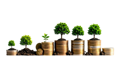 Growing trees planted in coin stacks, representing financial growth and investment