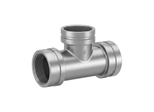 Shiny Silver Metal Three Way Pipe Fitting with Textured Interior Isolated on Black Background Industrial Plumbing Component