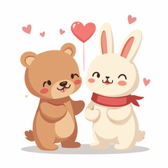 Adorable illustration of a cute bear and a happy rabbit celebrating love with a heart balloon and floating hearts