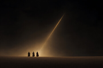 biblical scene, three wise men journeying under a warm glowing star in a traditional biblical style with cinematic depth