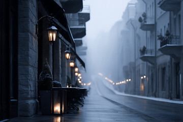 nostalgic winter streetscape, classic eastern european winter street with old town architecture, lit lanterns, falling snow, and nostalgic travel vibes