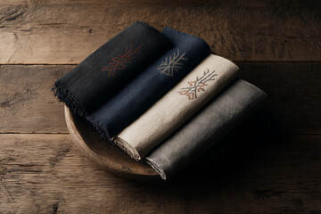 folk art display, handmade eastern european textiles, embroidery, rustic wooden table, cultural craft arrangement from the region