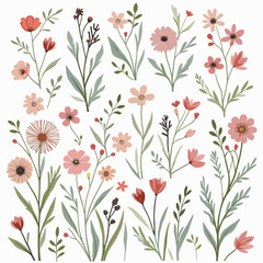 A beautiful collection of hand-drawn pink and red wildflowers. This vectorized botanical set features various floral design elements isolated on a white background