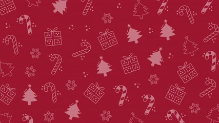 Christmas pattern seamless animation background featuring christmas tree, gifts, and candy canes on red backdrop. Ideal for holidaythemed designs and advertisements. - Powered by Adobe