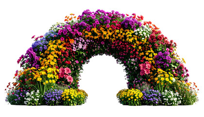 A colorful archway of densely packed flowers against a black background