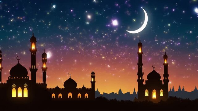 Silhouette of mosques against a starry night sky with a crescent moon.