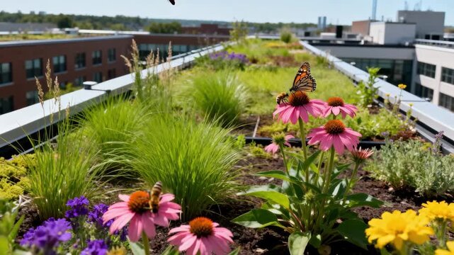 Medium shot capturing a biodiverse green roof showcasing multiple flowering plants grasses and habitat features attracting pollinators on an urban building rooftop.