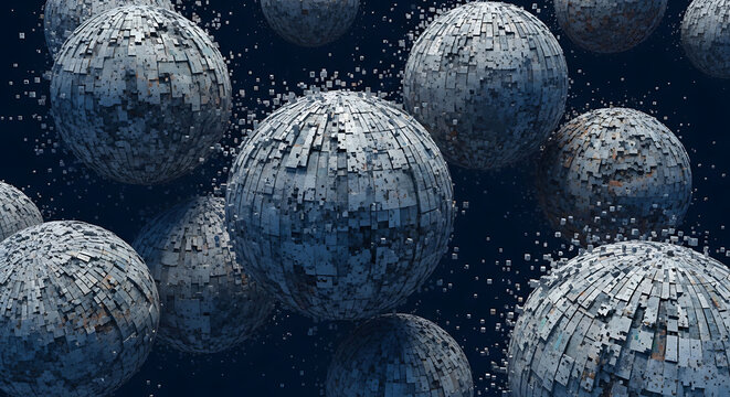 Abstract spheres with textured surfaces floating in a dark blue space with small squares around them