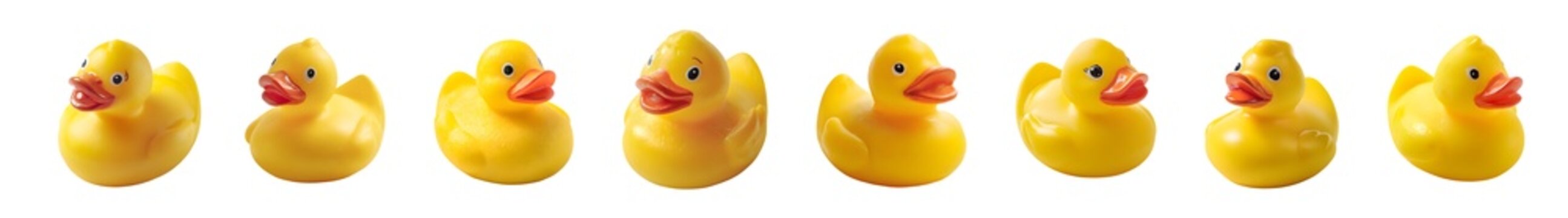 A row of yellow rubber ducks lined up against a white background.