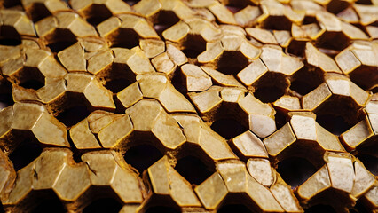 Abstract macro detail of an ancient, weathered sandstone carving with a complex honeycomb pattern creating a textured background
