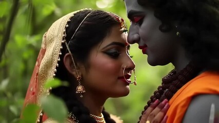 Hindu couple embrace in forest.