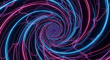 A swirling vortex of neon lights in blue and pink creating a tunnel effect on a black background