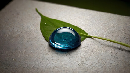 A luminous blue droplet rests gently on a vibrant green leaf, symbolizing natural purity and the delicate balance of ecological elements on a textured surface